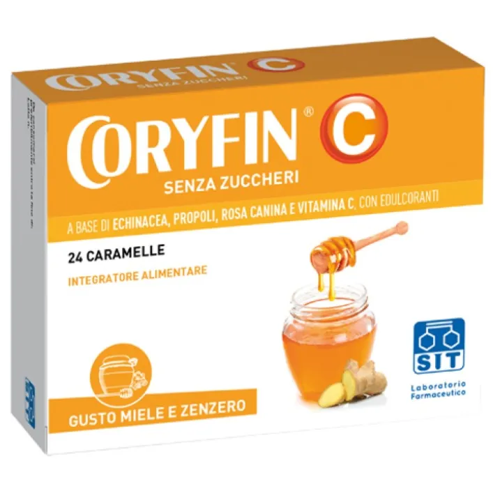 Coryfin C Senza Zucchero Gusto Miele e Zenzero 24 Caramelle - Integratore Difese Immunitarie