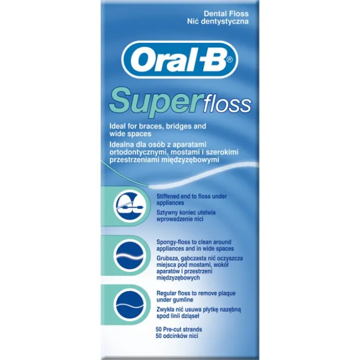 Oral-B SuperFloss Filo Interdentale Ponti Apparecchi Ortodontici 50 Fili Pre-Misurati